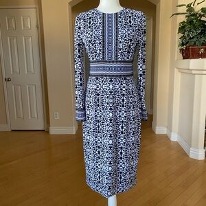 Maggy London Black/Blue and White Patterned Long Sleeved Dress
